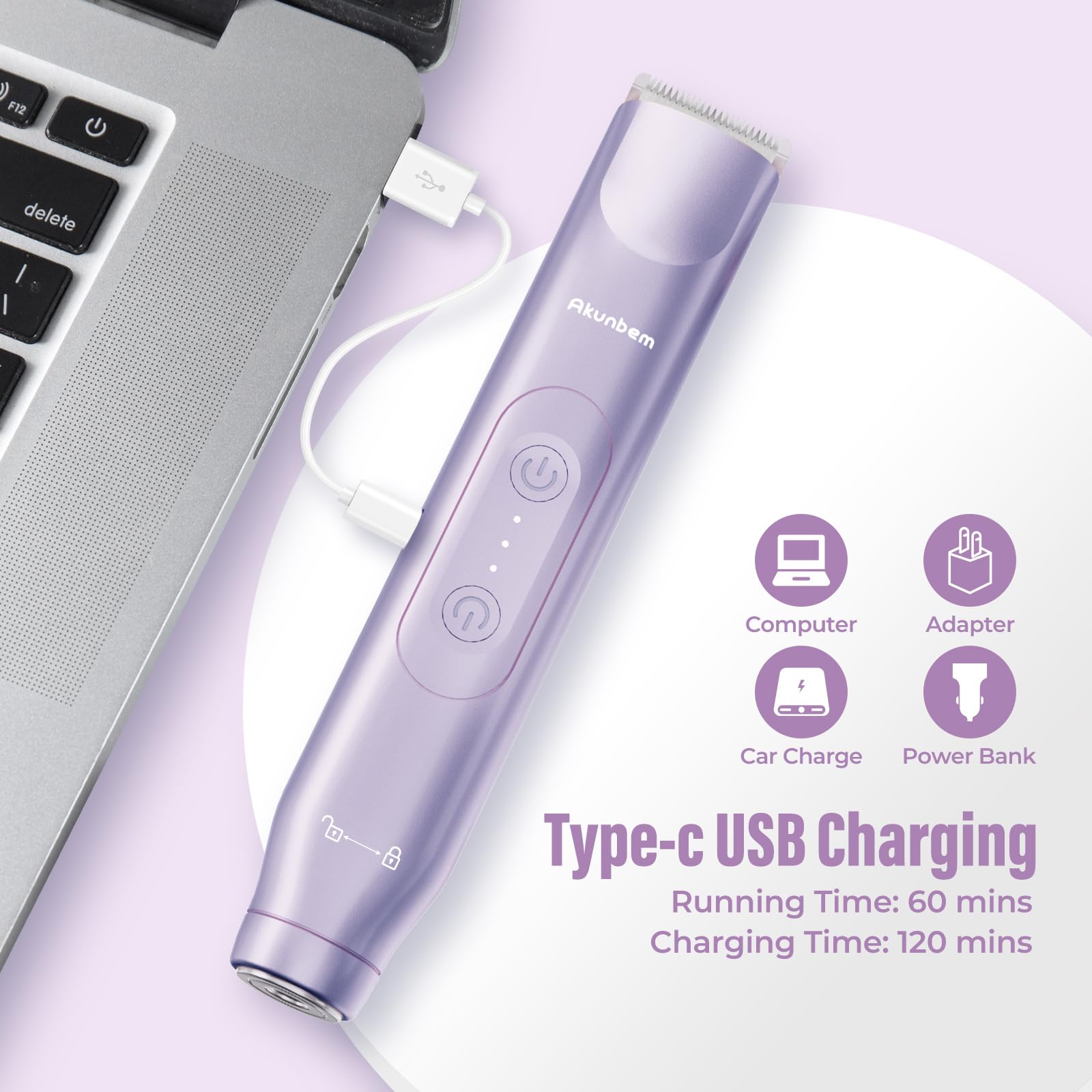 Akunbem women's electric shaver close-up shows hypoallergenic ceramic blades for gentle grooming.
