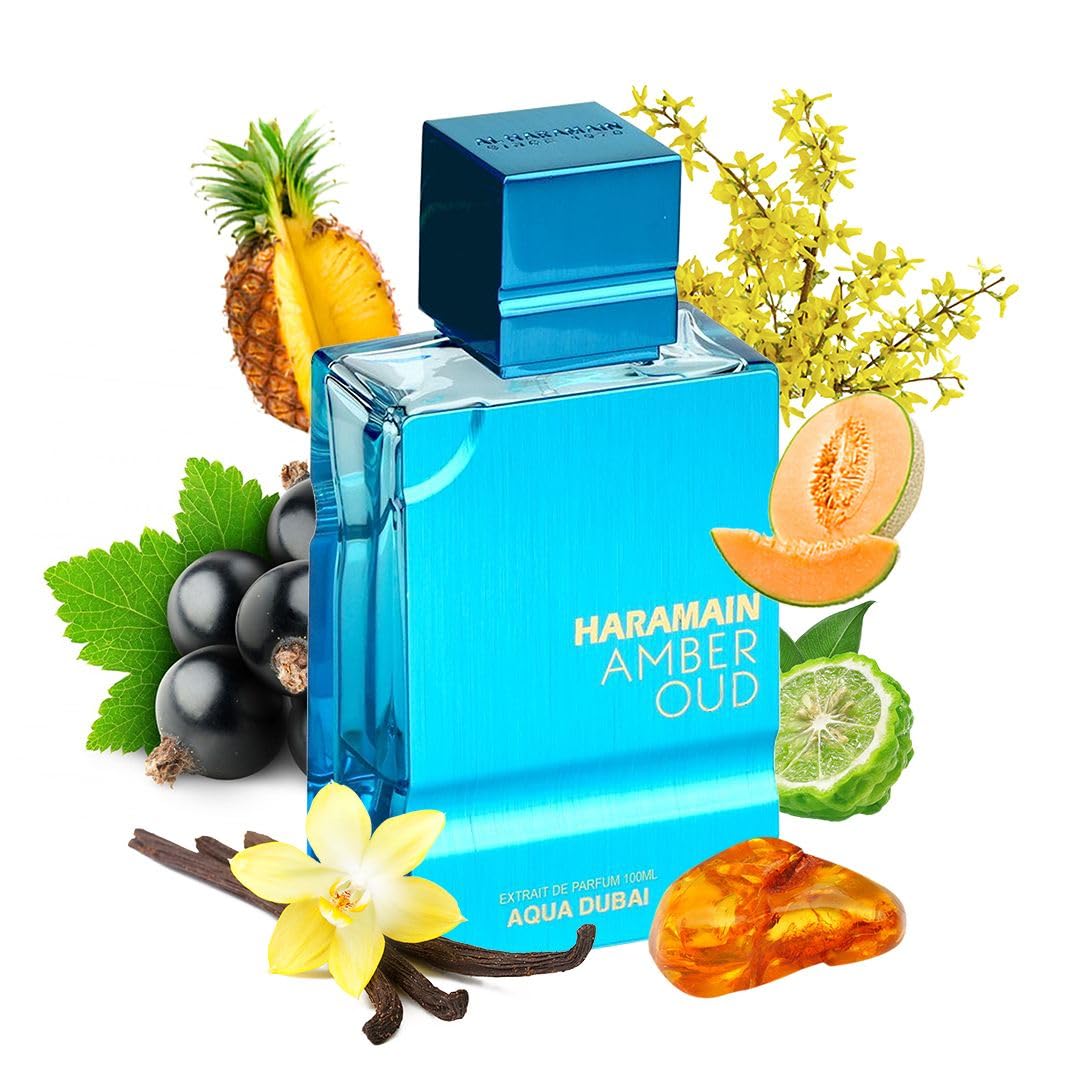 Al Haramain Amber Oud Aqua Dubai cap and bottle design signaling premium fragrance experience.