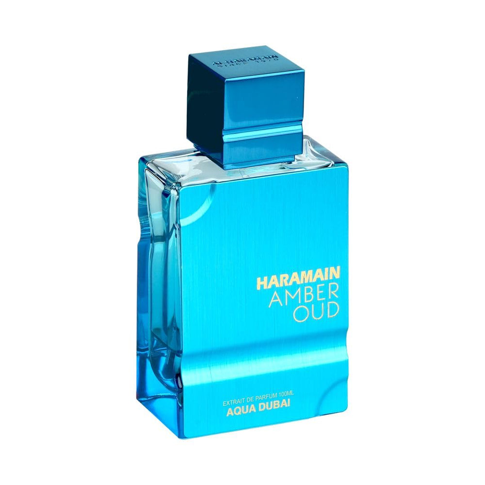 Al Haramain Amber Oud Aqua Dubai artistic glass and packaging in a collectors-ready presentation.