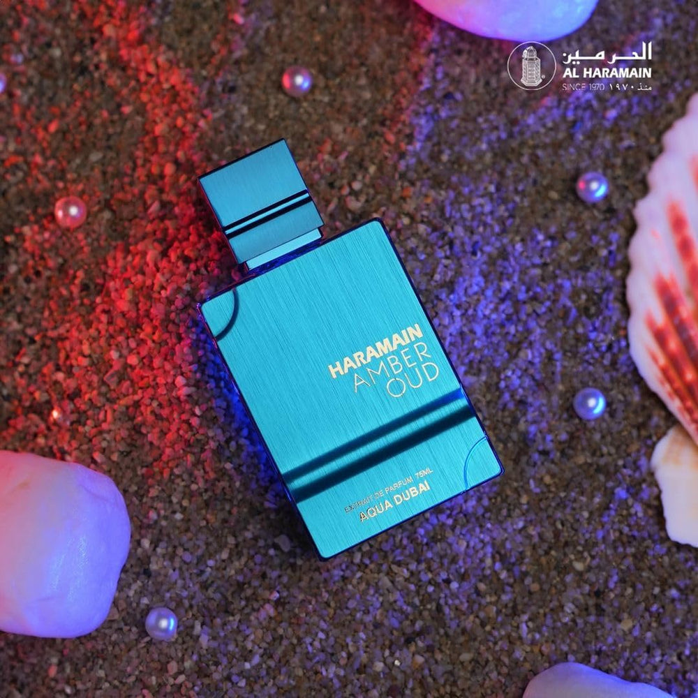 Al Haramain Amber Oud Aqua Dubai bottle on vanity evokes Dubai coastline-inspired sophistication.