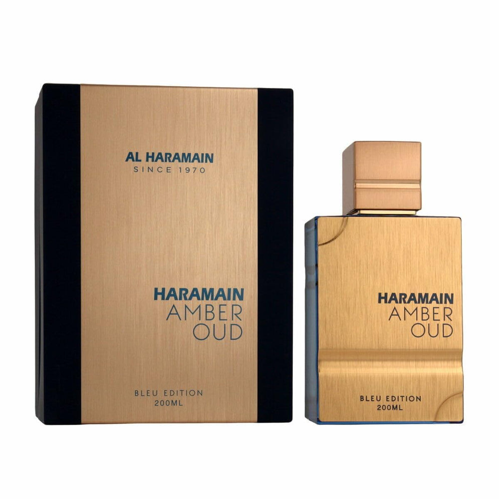 Al Haramain Amber Oud Blue Edition bottle front highlighting citrus and woody notes for a bold presence.