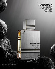 Al Haramain Amber Oud Carbon Edition mood shot on vanity evokes evening elegance.