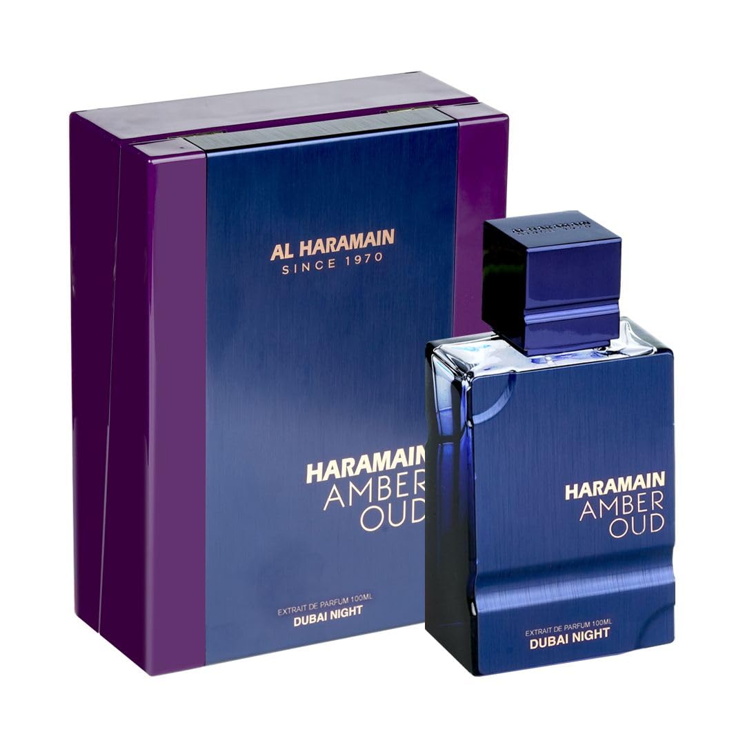 Al Haramain Amber Oud Dubai Night bottle highlights a long-lasting, bold fragrance.