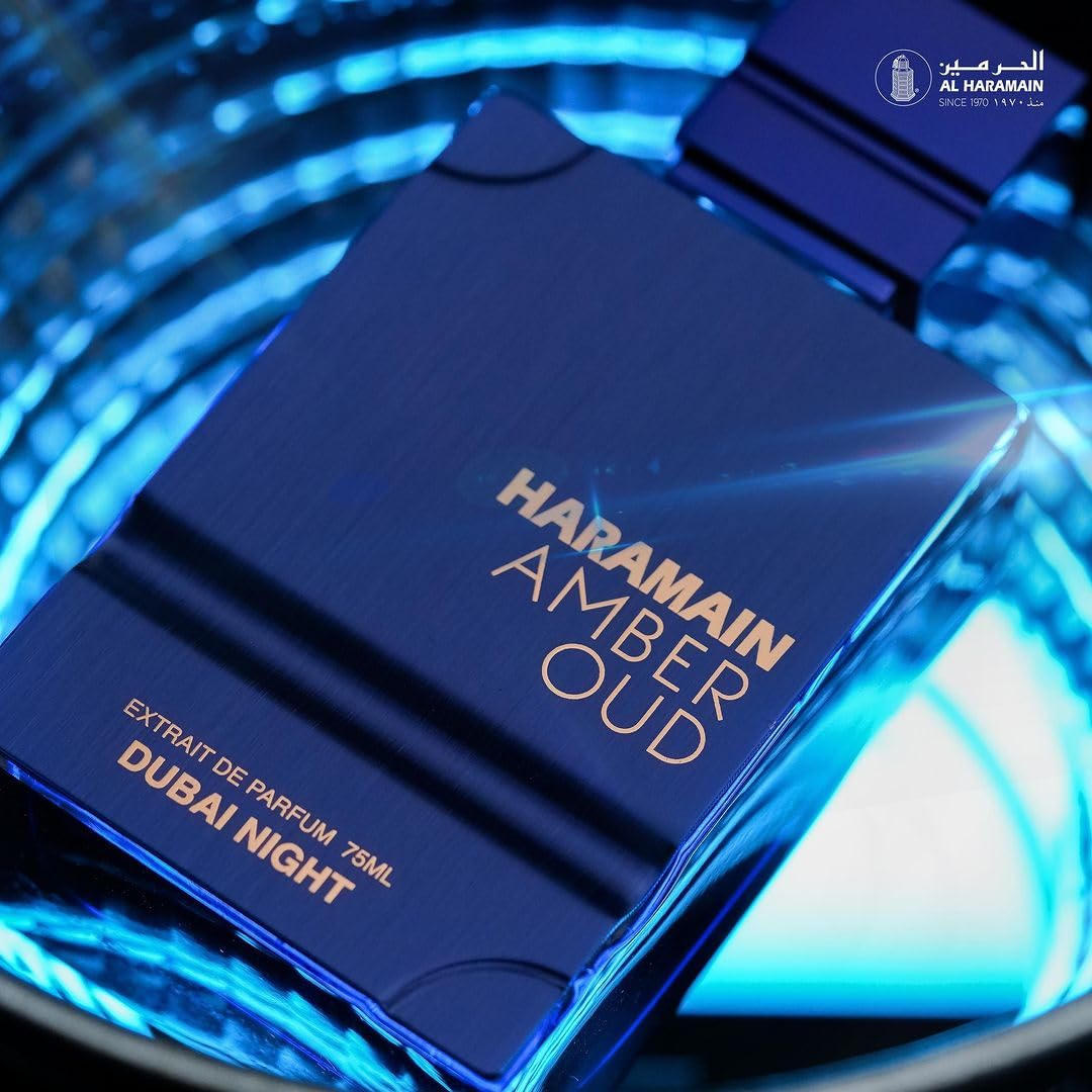 Al Haramain Amber Oud Dubai Night cap close-up shows premium packaging and smooth spray.