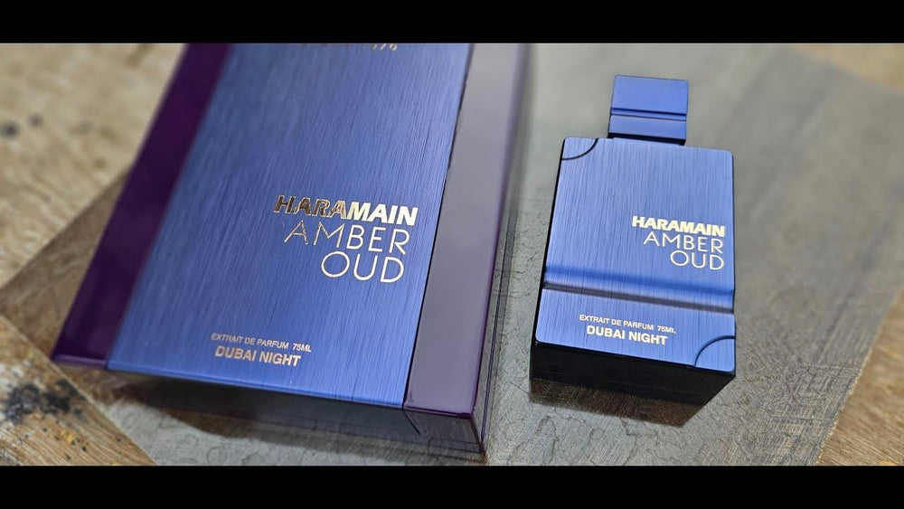Al Haramain Amber Oud Dubai Night packaging box conveys luxury gifting appeal.