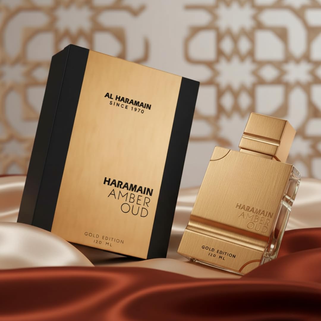 Al Haramain Amber Oud Gold Edition bottle close-up shows rich amber hues for warm evenings