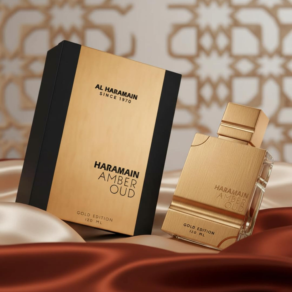 Al Haramain Amber Oud Gold Edition bottle close-up shows rich amber hues for warm evenings