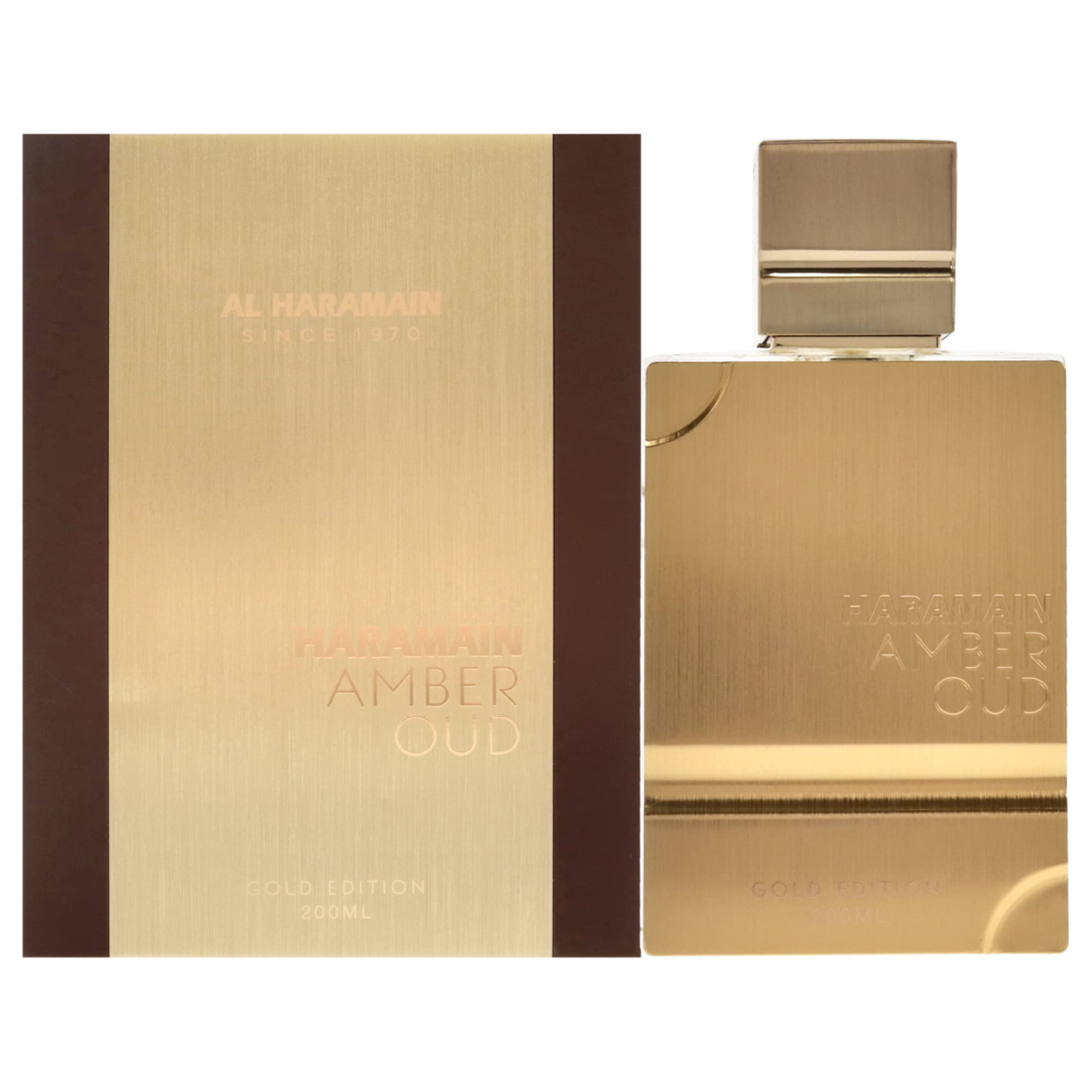 Al Haramain Amber Oud Gold Edition bottle front shows a warm amber-vanilla scent profile.