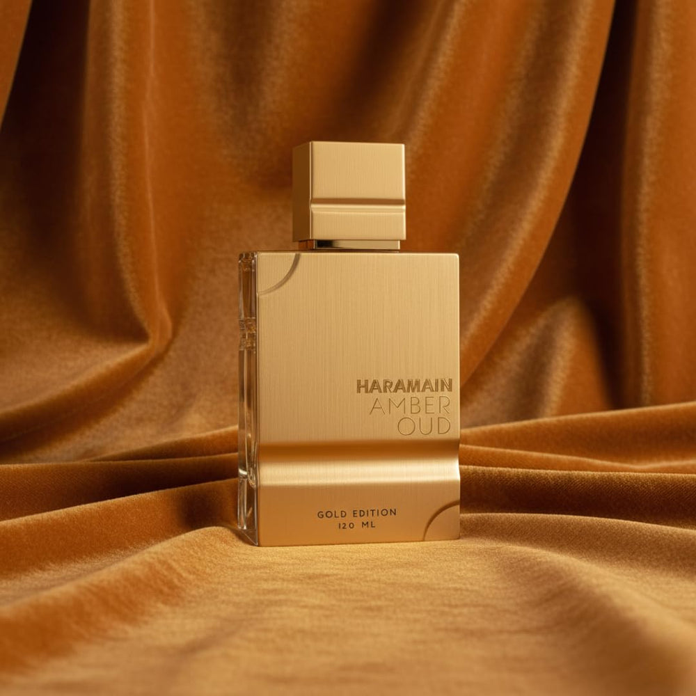 Al Haramain Amber Oud Gold Edition bottle under lighting showcases luminous glow