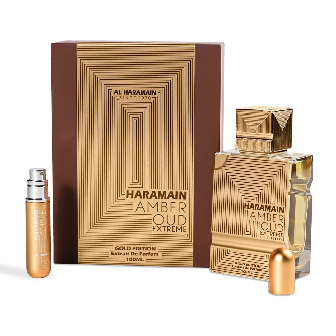 Al Haramain Amber Oud Gold Edition Extreme cap closeup; premium presentation complements the luxurious scent.