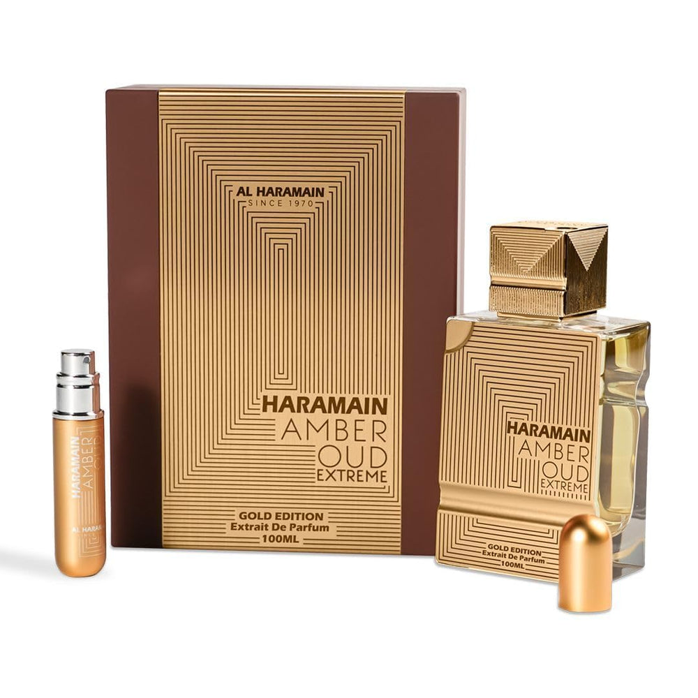 Al Haramain Amber Oud Gold Edition Extreme cap closeup; premium presentation complements the luxurious scent.
