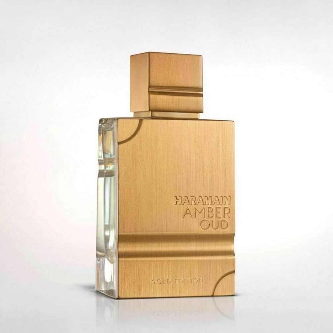 Al Haramain Amber Oud Gold Edition label highlight, luxury presentation for collector's display.