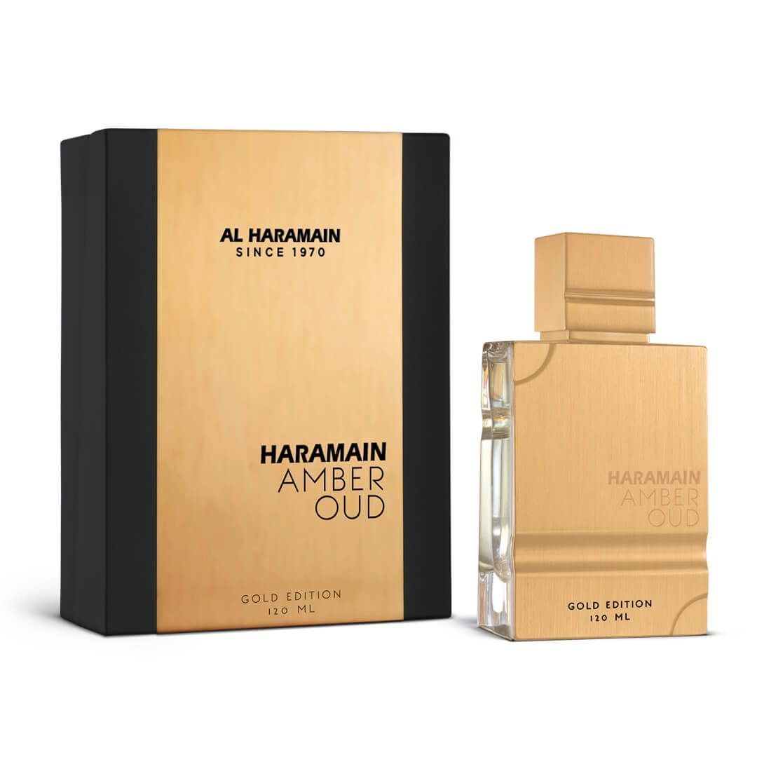 Al Haramain Amber Oud Gold Edition packaging display suggests upscale fragrance for collectors.