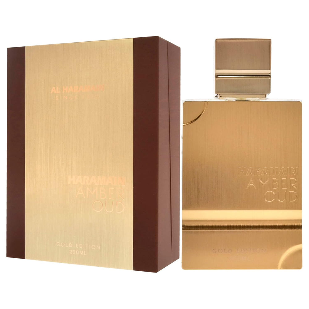 Al Haramain Amber Oud Gold Edition warm-lit dresser shot suggests stylish fragrance rituals.
