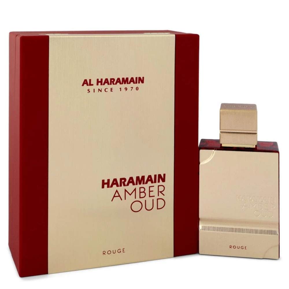 Al Haramain Amber Oud Rouge bottle side view showcasing premium packaging for gifting.