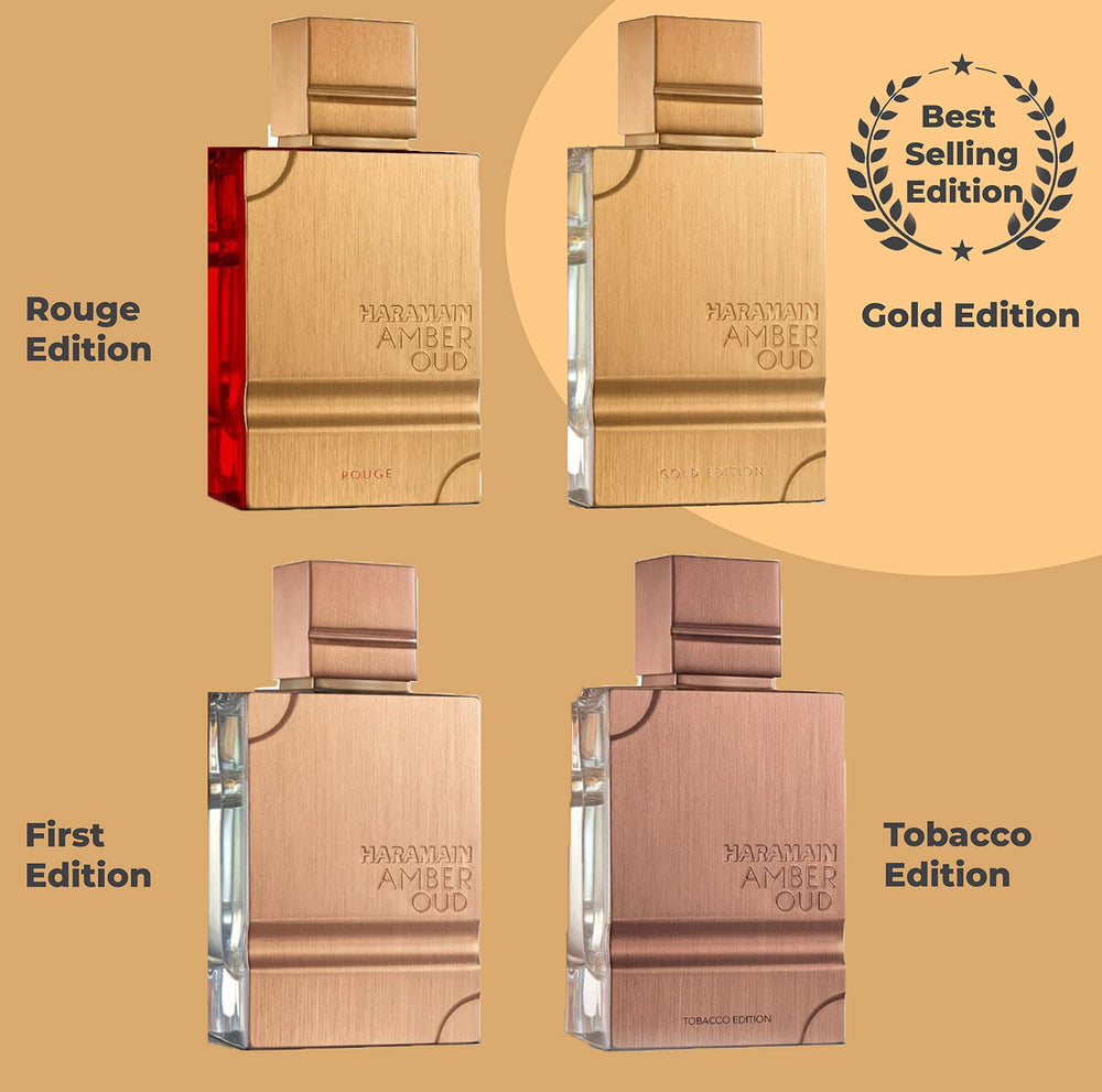 Al Haramain Amber Oud Rouge packaging box, travel-friendly 2 oz bottle for on-the-go use.