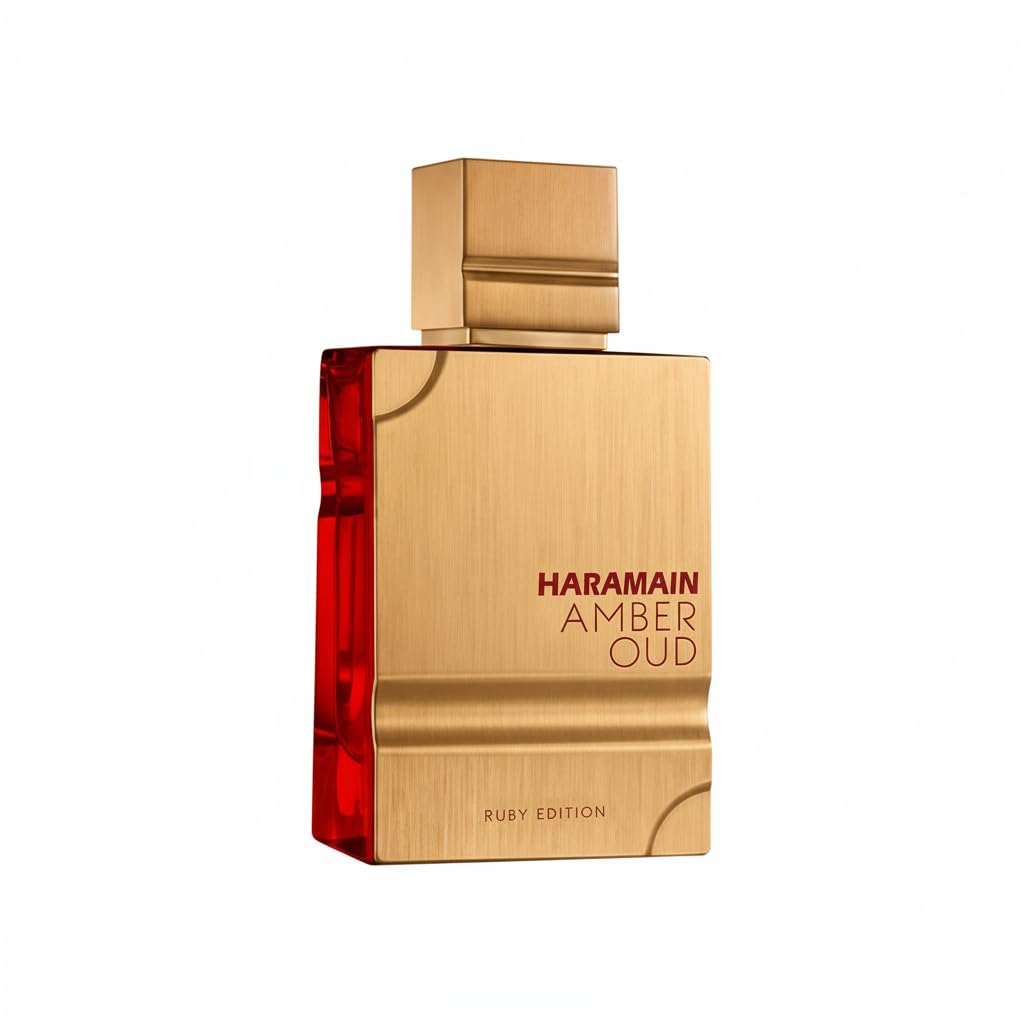 Al Haramain Amber Oud Ruby Edition bottle front showing luxury and unisex appeal