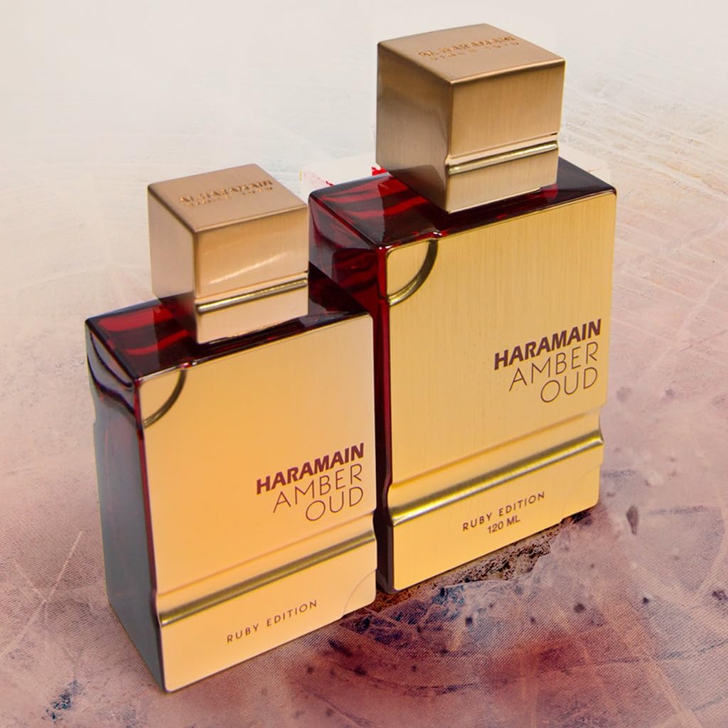 Al Haramain Amber Oud Ruby Edition bottle on vanity with premium appeal
