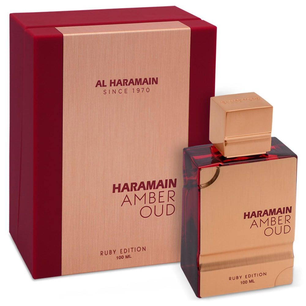 Al Haramain Amber Oud Ruby EDP bottle on a vanity for a long-lasting evening fragrance.