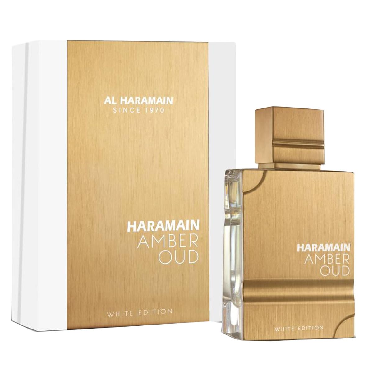 Al Haramain Amber Oud White Edition EDP bottle front showcases unisex aroma for everyday wear.