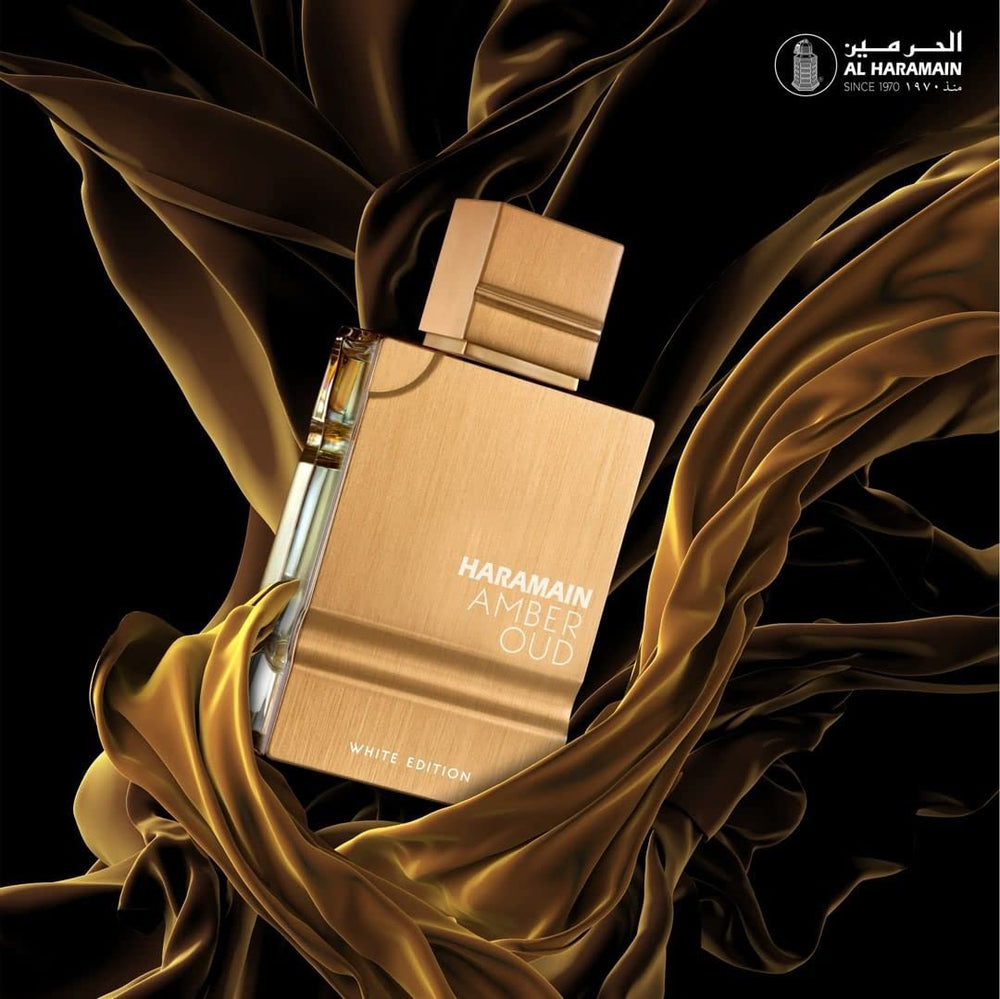 Al Haramain Amber Oud White Edition packaging box highlighting premium presentation for gifting.