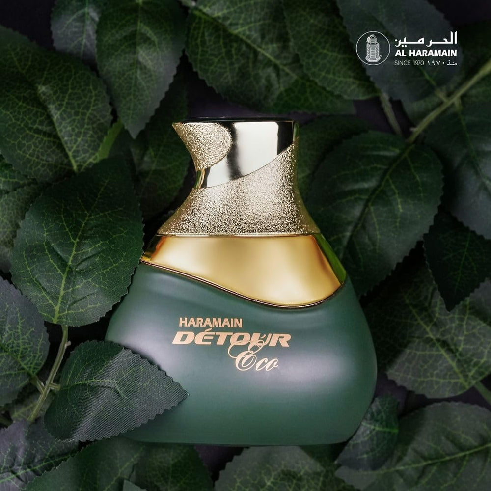 Al Haramain Detour Eco top notes close-up, lavender and bergamot for fresh opening.