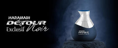 Al Haramain Detour Noir Exclusif bottle side view showcases premium design for refined evenings.