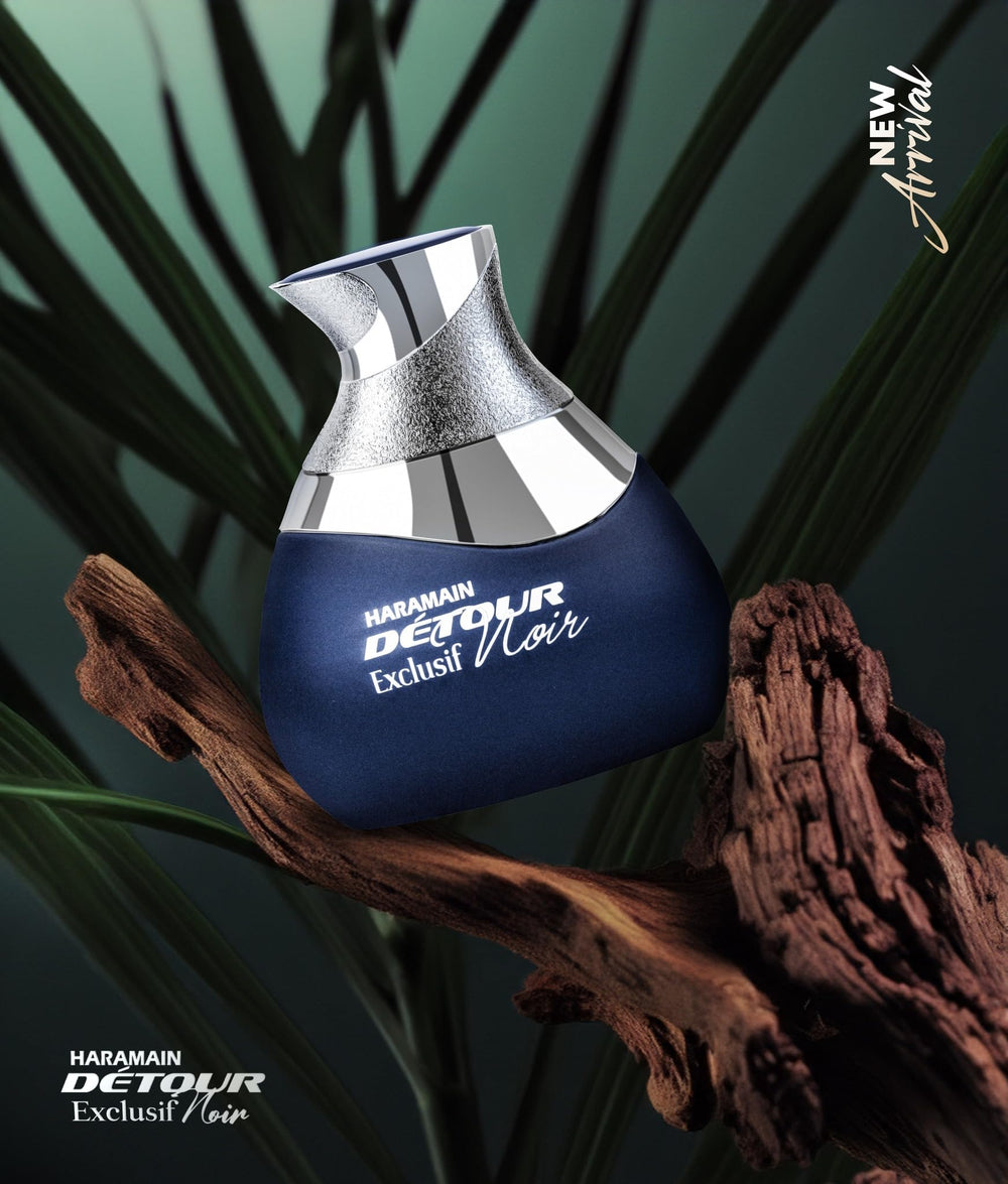 Al Haramain Detour Noir Exclusif note-visual collage highlights almond, citrus and floral facets.