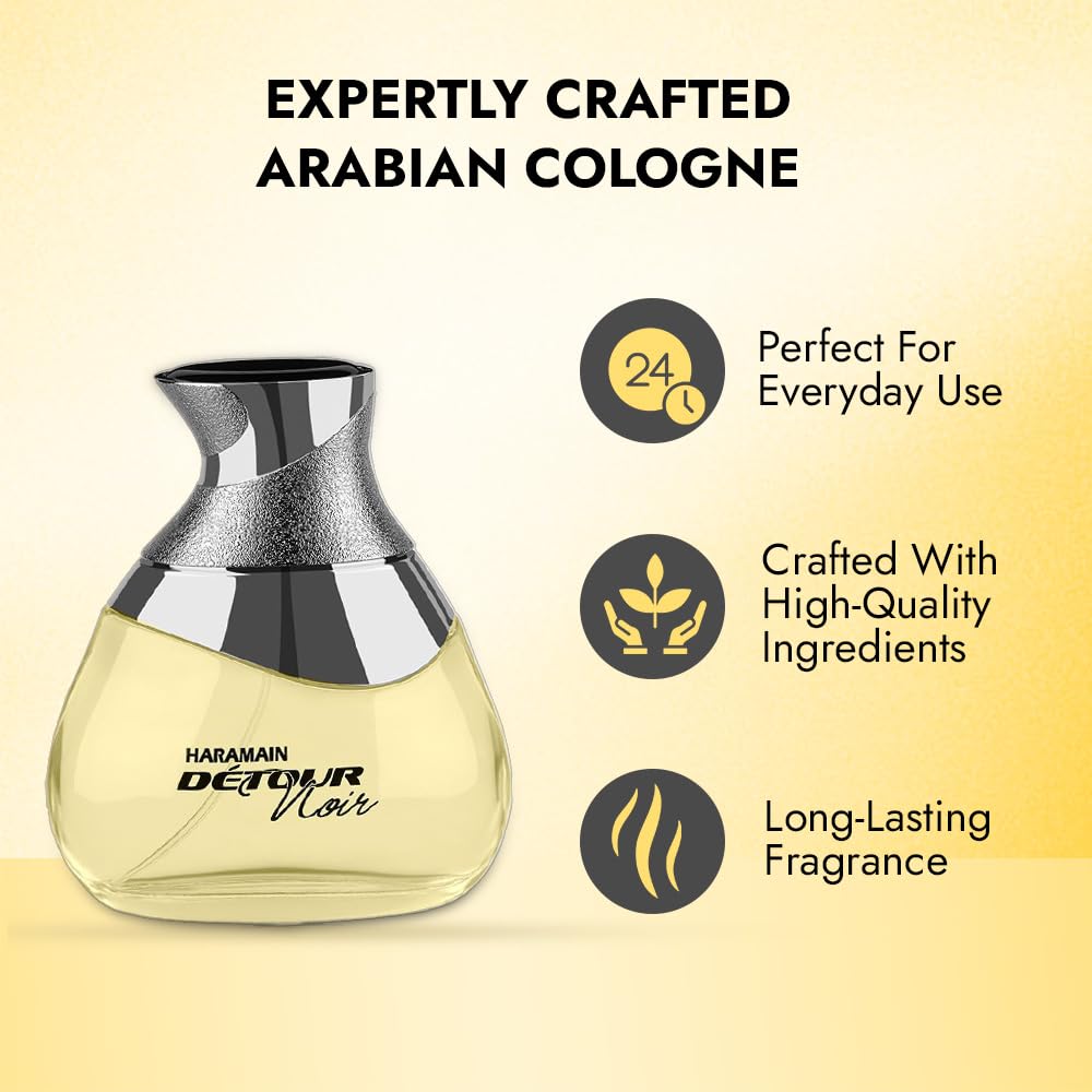 Al Haramain Detour Noir top notes highlight almond, jasmine, cypress.