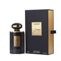 Al Haramain Junoon Noir bottle closeup shows a luxe glass finish for everyday elegance.
