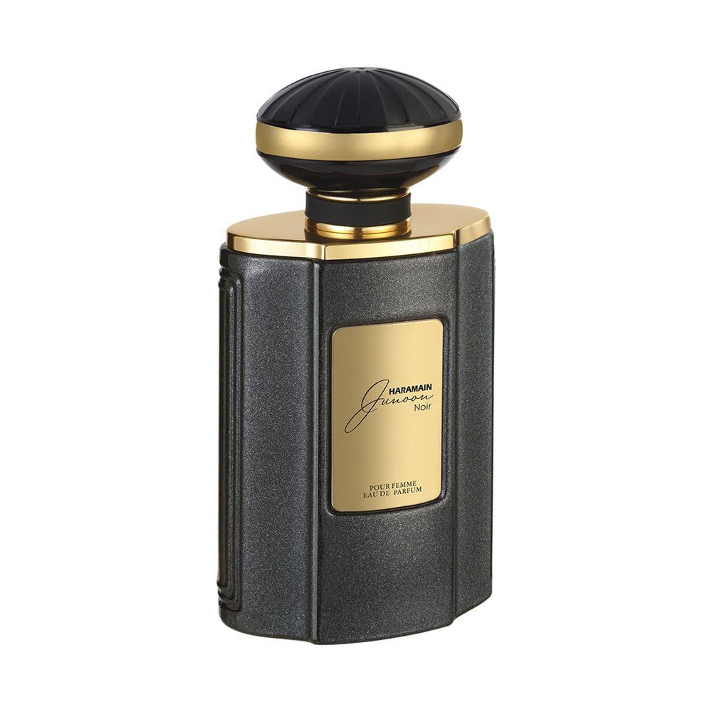 Al Haramain Junoon Noir bottle side profile hints at long-lasting all-day wear.