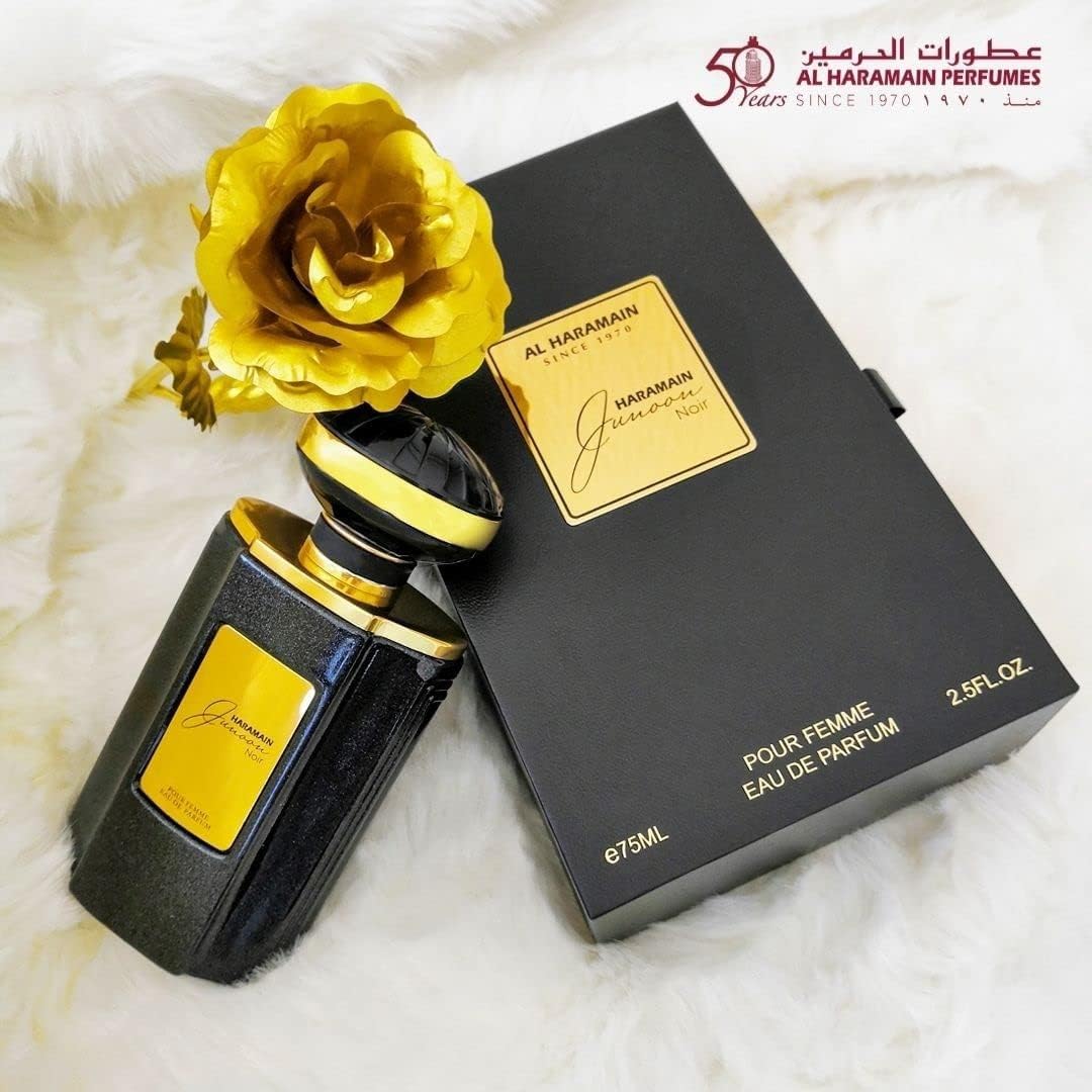 Al Haramain Junoon Noir spray bottle conveys premium packaging ideal for gifting.