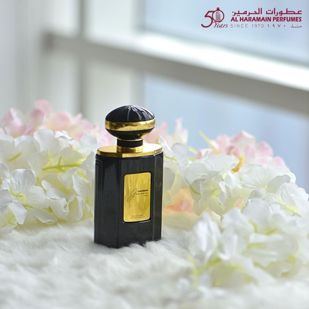 Al Haramain Junoon Noir display with logo emphasizes premium perfumery.