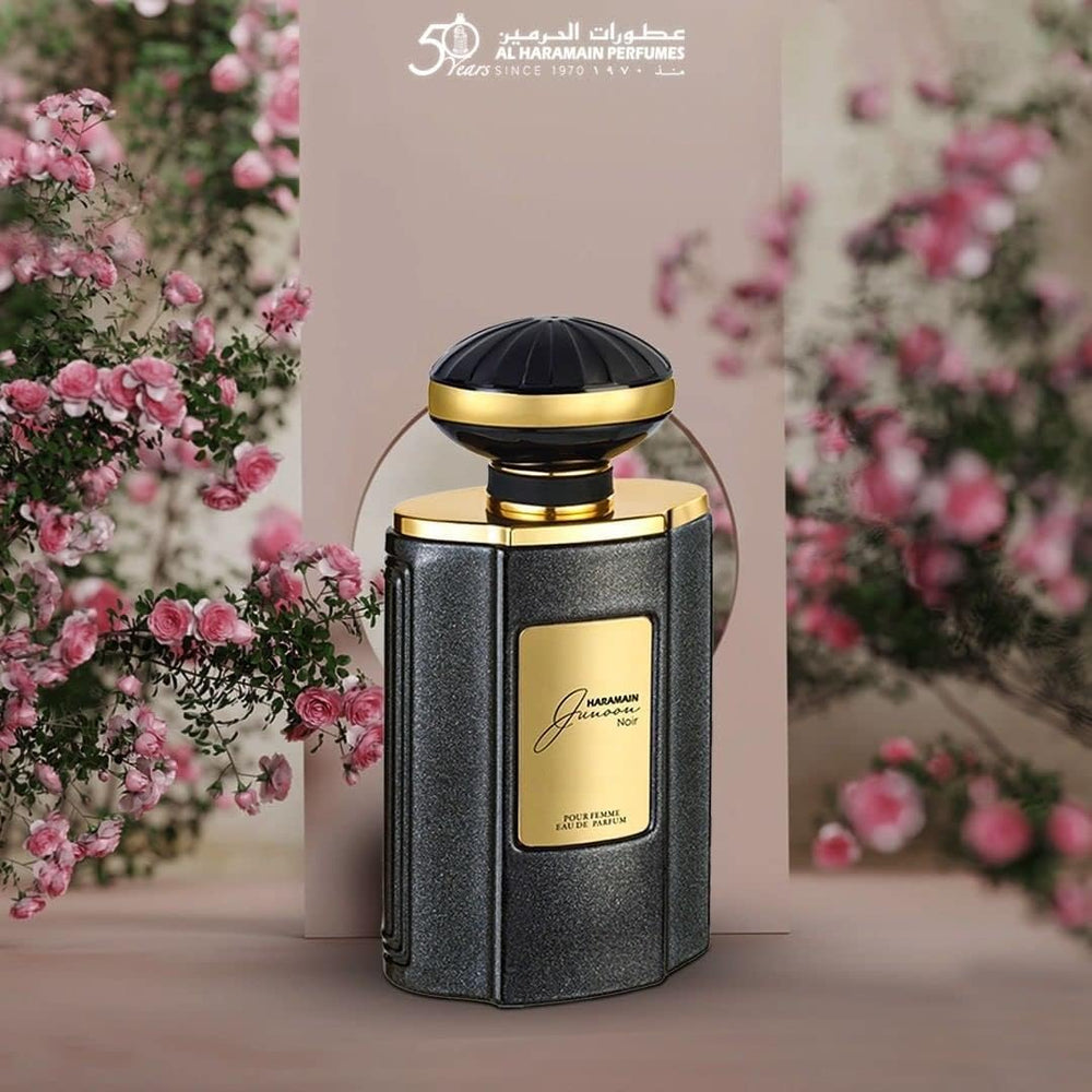 Al Haramain Junoon Noir flacon detail reflects luxury for collectors.