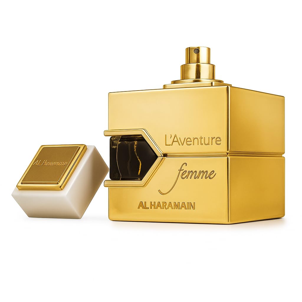 Al Haramain L'Aventure Femme EDP bottle close-up, clear glass for everyday elegance.