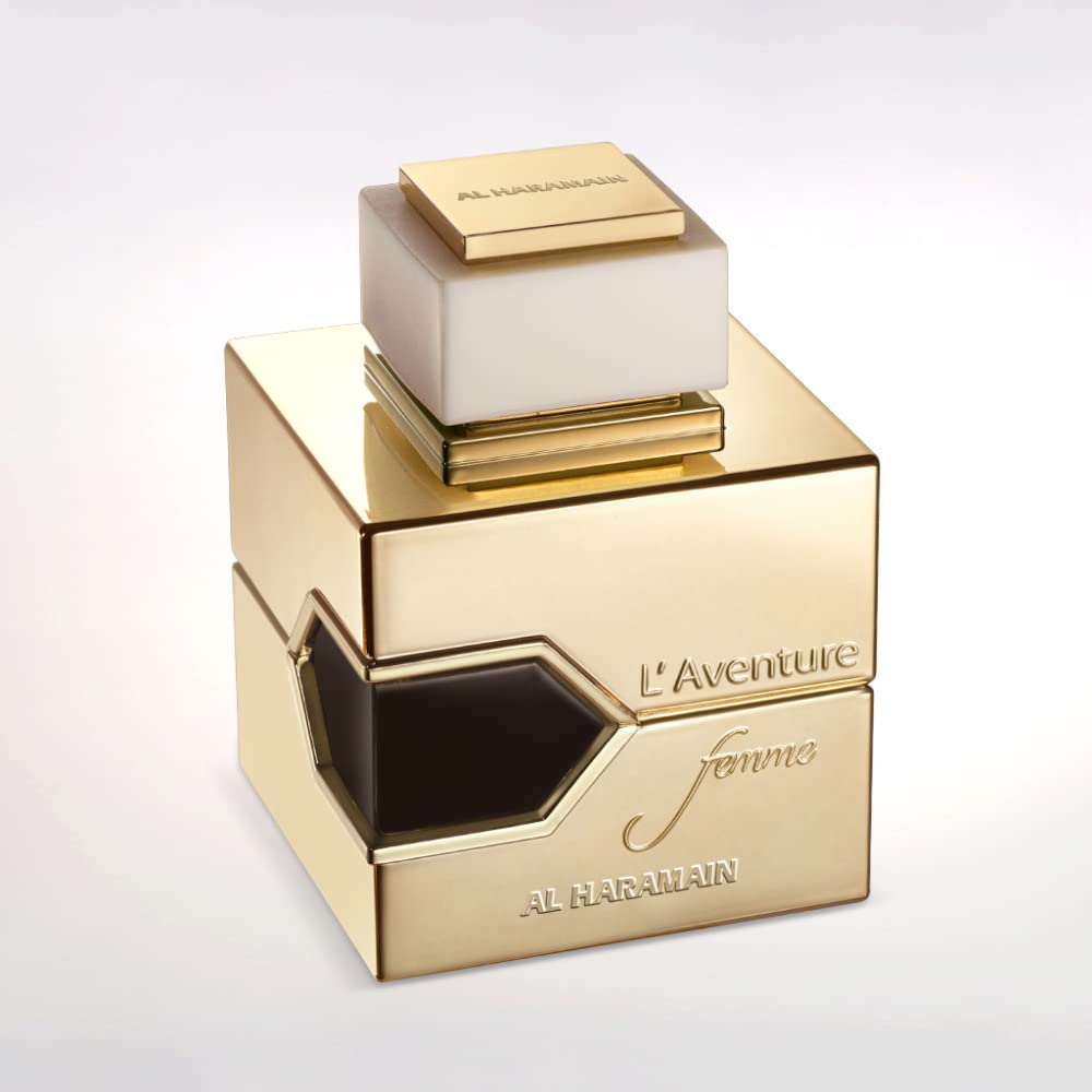 Al Haramain L'Aventure Femme EDP base notes patchouli, amber and musk warmth.