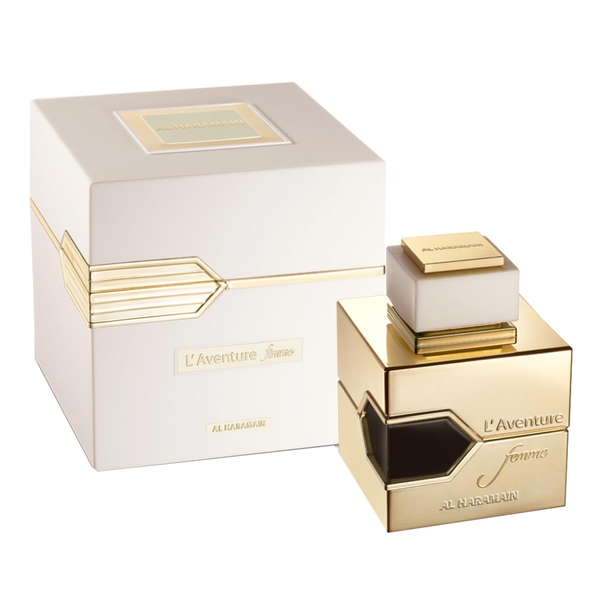 Al Haramain L'Aventure Femme EDP embossed label close-up signals luxury.