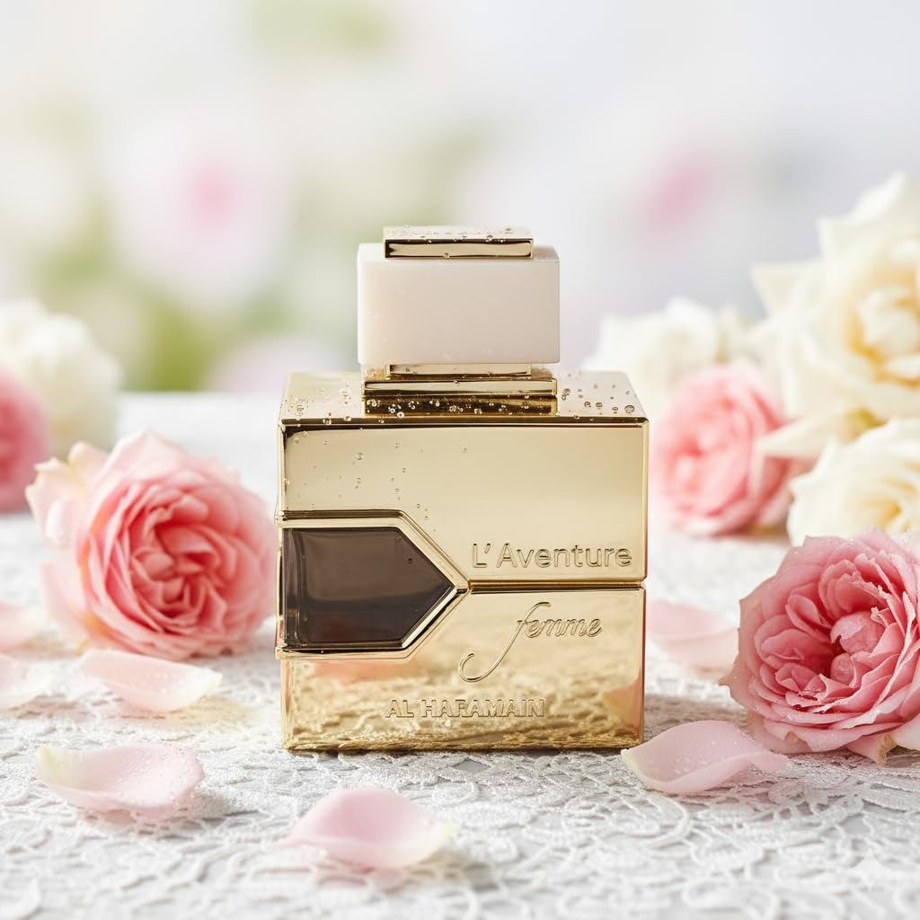 Al Haramain L'aventure Femme bottle closeup highlights premium finish