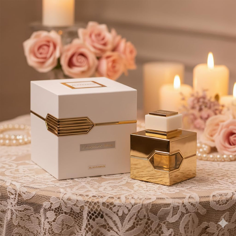 Al Haramain L'aventure Femme box open reveals inner bottle