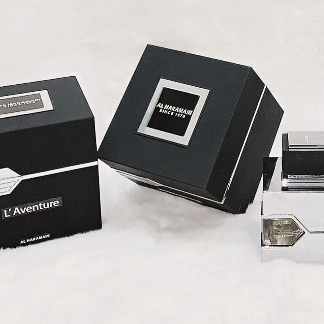 Al Haramain L’Aventure label detail—premium craftsmanship signaling quality.