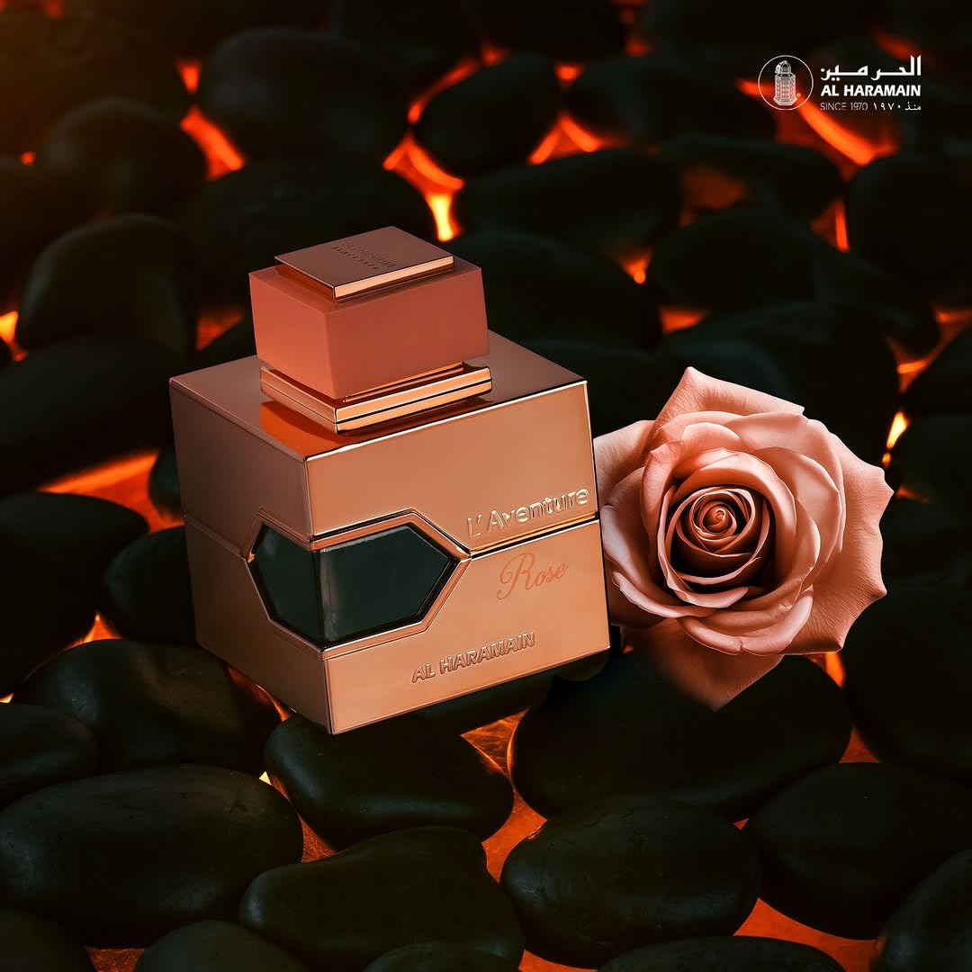 Al Haramain L'aventure Rose amber-musk base, warm trail for evening wear.