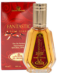 Al-Rehab Fantastic EDP application closeup highlights long-lasting fragrance for evening wear.