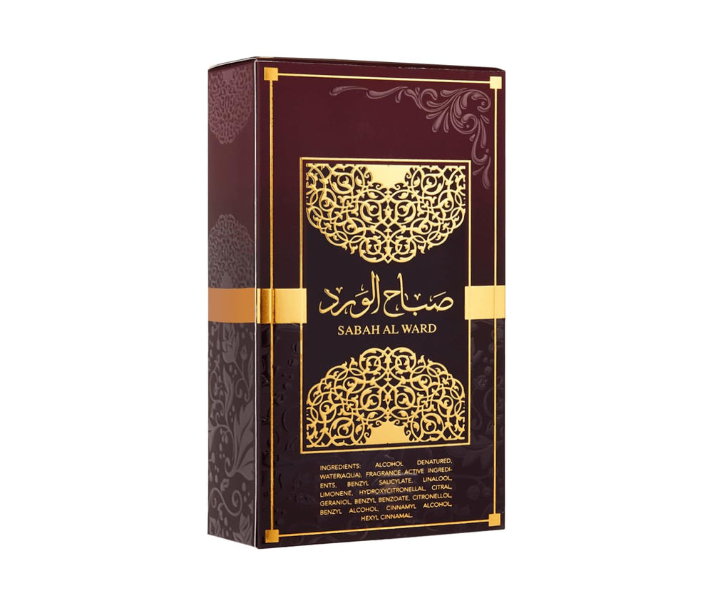 Al Wataniah Sabah Al Ward base-notes carry warm vanilla-tonka-patchouli.