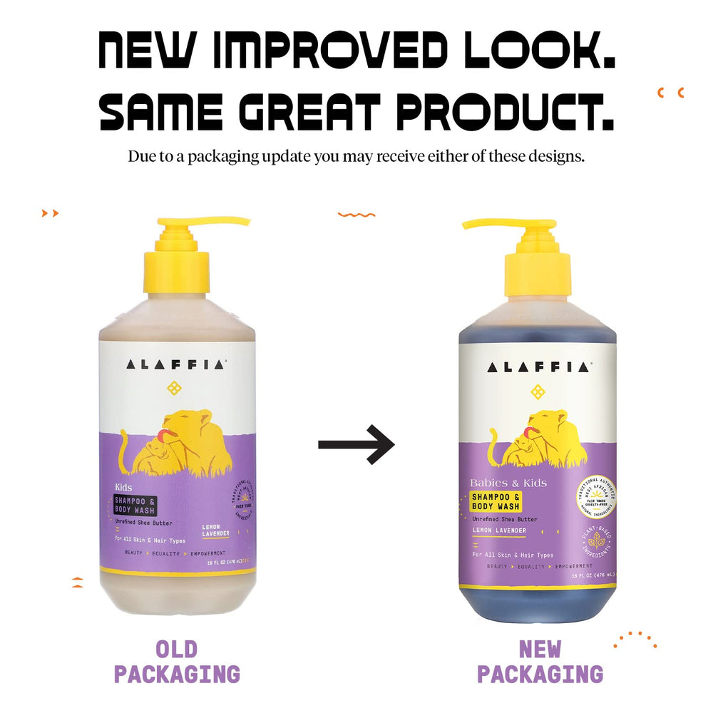 Alaffia lemon lavender kids body wash bottle demonstrates soothing bath-time cleansing.