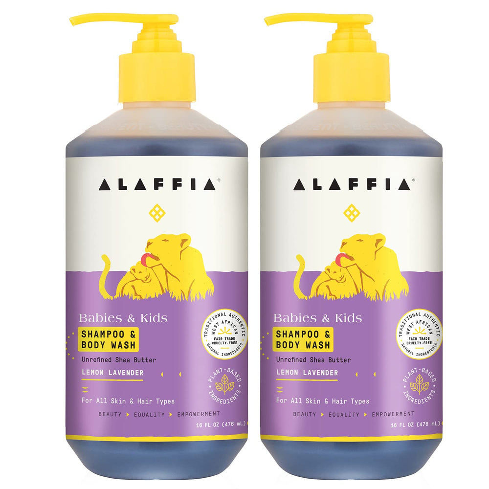 Alaffia lemon lavender kids shampoo bottle shows gentle cleansing for delicate hair.