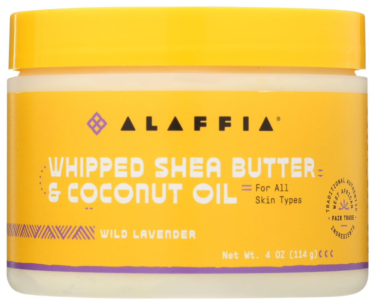 Alaffia Coconut Oil Whipped Shea Butter Wild Lavender jar provides rich skin hydration.