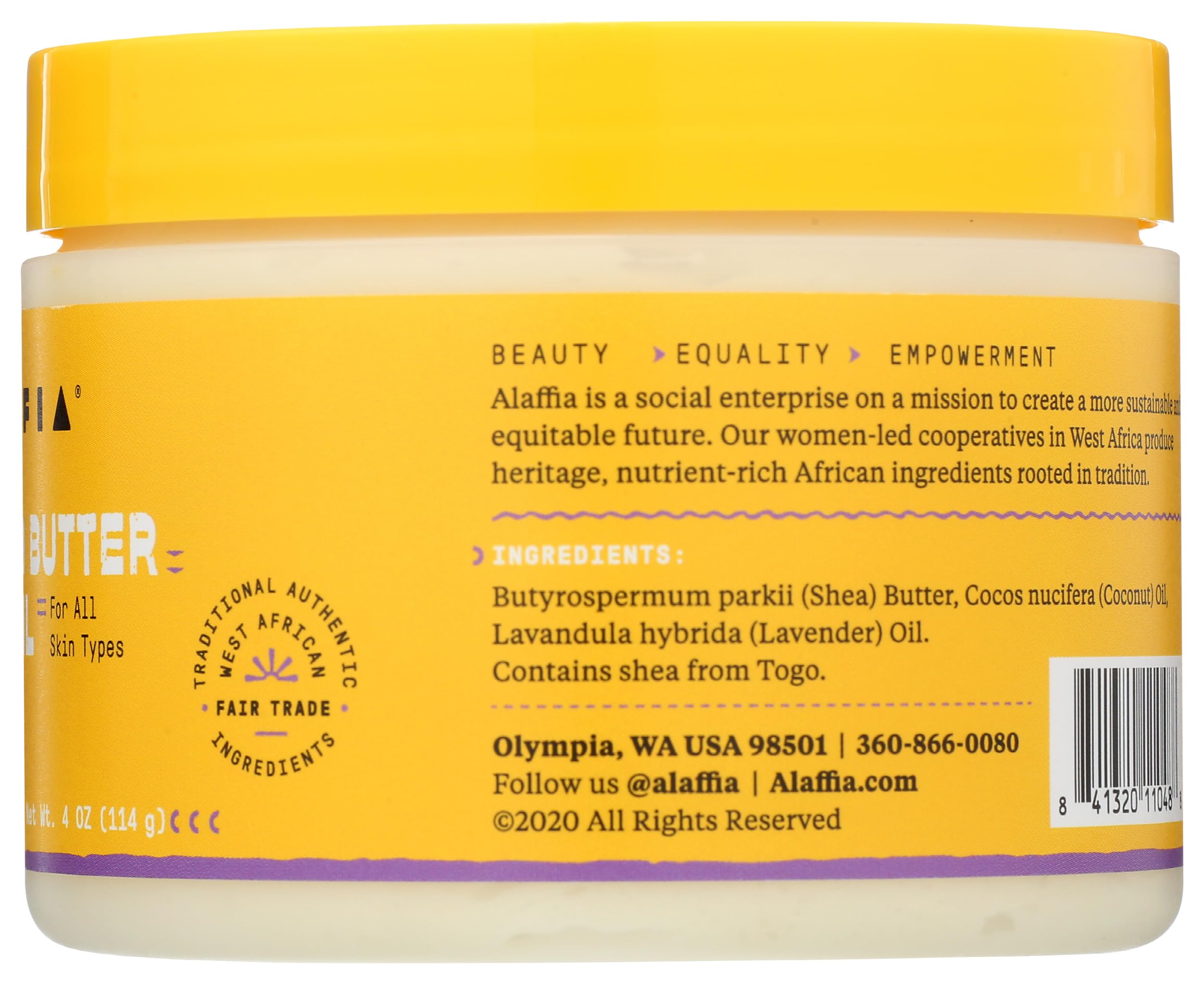 Alaffia Coconut Oil Whipped Shea Butter Wild Lavender ingredient panel highlights natural components.
