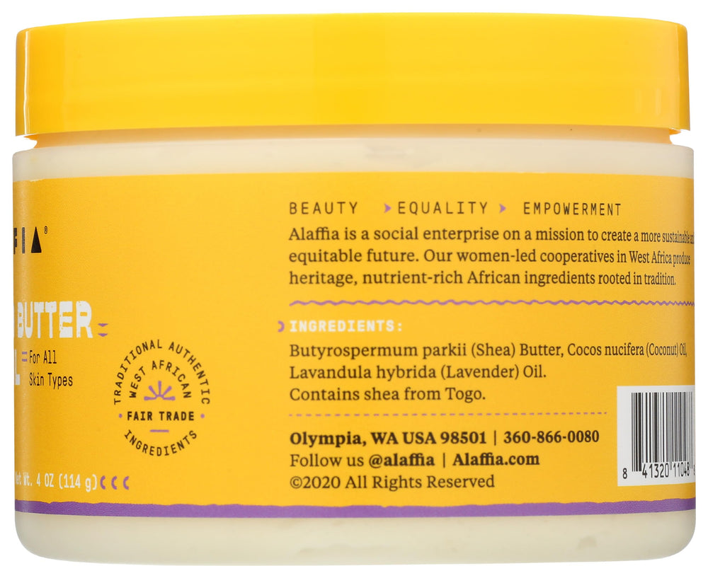 Alaffia Coconut Oil Whipped Shea Butter Wild Lavender ingredient panel highlights natural components.