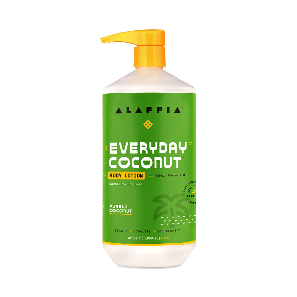 Alaffia Everyday Coconut Body Lotion bottle provides hydrating moisture for dry skin.