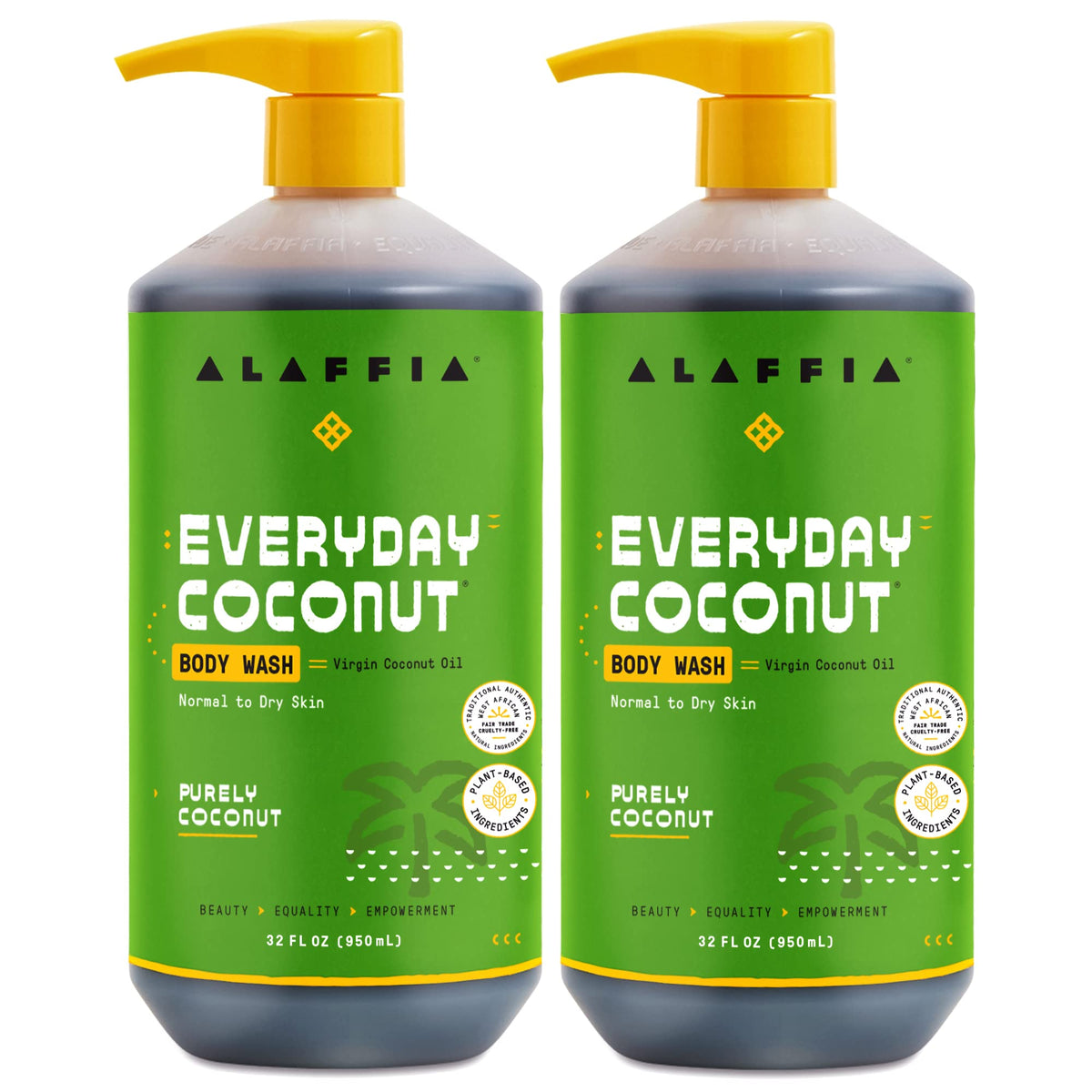 Alaffia Everyday Coconut Body Wash 2-pack bottles for daily cleansing.